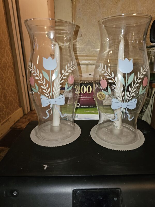 Floral Hurricane Candle Lamps (Set of 2 with Bases)